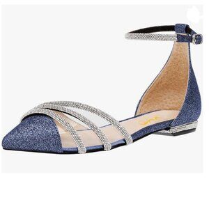 XYD Blue Clear Pointed Toe Rhinestones Ankle Strap Low Heel Wedding Sandals